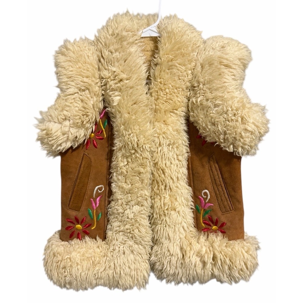 Vintage Mongolian Fur Boho Suede Floral Embroidered Vest